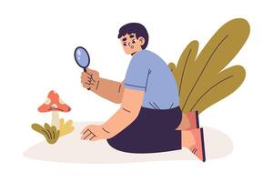 Boy Studying Mushroom Plant with Magnifier Exploring Nature Illustration vector