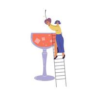 Woman Character with Big Cocktail Glass on Ladder Add Cherry Illustration vector