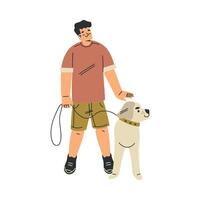 Boy Character with Dog Pet on Leash as Domestic Animal Illustration vector