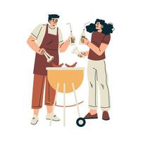 Man and Woman Character Standing Grill Sausage Relaxing in Nature in the Park Have Barbecue Illustration vector
