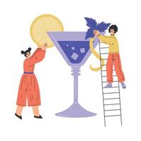 Woman Character with Big Cocktail Glass on Ladder Add Lemon and Mint Illustration vector