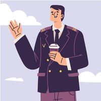 Pilot Man Character in Uniform with Tie Drink Coffee Illustration vector