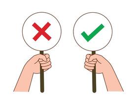 Hands are holding wrong and true sign, incorrect and correct, cross and tick symbols for illustration and recommendation vector