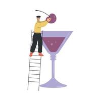 Man Character with Big Cocktail Glass on Ladder Add Cherry Illustration vector
