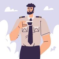 Pilot Bearded Man Character in Uniform with Tie Drink Coffee Illustration vector