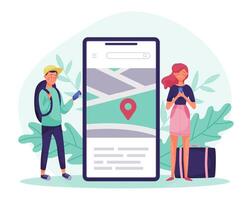 Man and Woman Travel with Suitcase and smartphone App Enjoy Vacation Illustration. vector