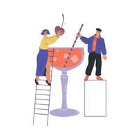 Man and Woman Character with Big Cocktail Glass on Ladder Add Cherry and Straw Illustration vector