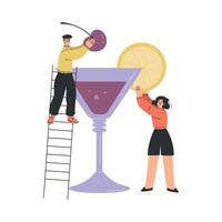 Man and Woman Character with Big Cocktail Glass on Ladder Add Lemon Slice and Cherry Illustration vector