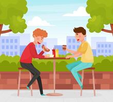 Street Food Cafe with Man Sit at Table Drink Coffee and Eat Hot Dog Illustration vector