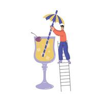 Man Character with Big Cocktail Glass on Ladder Add Straw Illustration vector