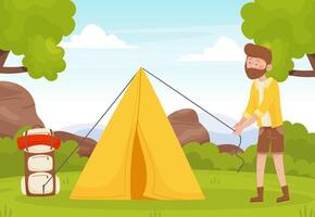 Man Hiking Put Up Tent in Forest Enjoy Vacation Illustration vector