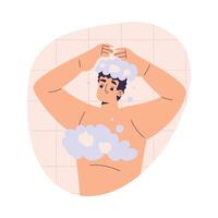 Personal Care with Man Character Take Shower with Foam Enjoy Grooming Procedure Illustration vector
