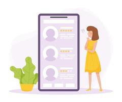 Pensive Woman Character Stand at Smartphone Scratching Head Thinking and Considering Something Illustration vector