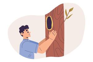 Boy Studying Plant Looking in Tree Hollow Exploring Nature Illustration vector