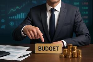 businessman in suit pointing at budget sign with coins documents and financial background in office scene photo