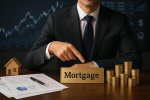 financial concept showing a businessman in suit pointing at mortgage sign on desk with documents coins and finance charts in background photo