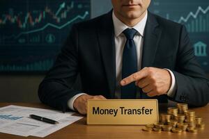 business concept with man in suit pointing to money transfer sign on desk with coins financial charts and documents in office setting photo