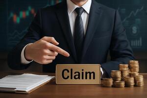 image of a businessman in a suit pointing at a claim sign on his desk surrounded by gold coins and financial documents with a background of stock market charts and financial icons photo