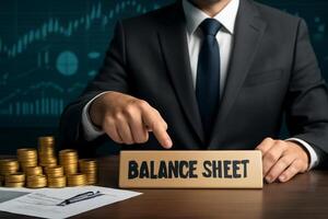 a professional shot of a businessman pointing at a Balance Sheet nameplate on his desk with financial data in the background. The scene conveys trust and financial expertise. photo