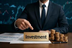 image of a businessperson in a suit pointing to a golden metal sign labeled Investment financial graphs, stock boards, and coins, with a calm and trustworthy lighting setup. photo