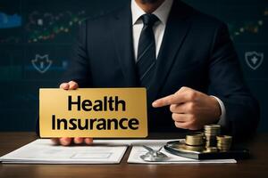 image of a businessman in a navy suit pointing at a gold Health Insurance sign with coins and documents around him. The background features financial graphs and icons, symbolizing photo
