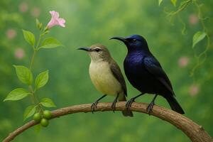 image of a male and female purple sunbird perched on a branch in a vibrant forest with natural light blurred background and floral elements ideal for creative use photo