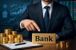 Bank concept with businessman pointing at the word bank on wooden table with stacks of gold coins photo