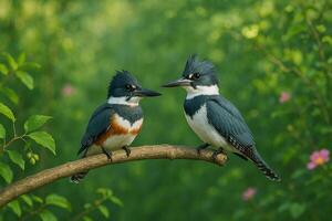 image of male and female belted kingfishers perched together on a tree branch surrounded by vibrant green forest and flowers in soft daylight photo