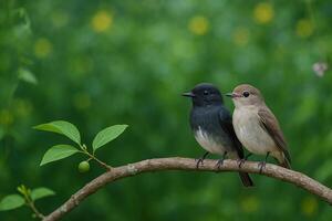 image of male and female dark-sided flycatchers perched on a branch in a lush forest setting with soft daylight and vibrant natural colors photo