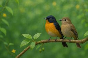 image of a male and female orangebreasted flycatcher perched side by side on a branch with green foliage and daylight creating a vivid natural and serene background photo