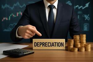 Image of a businessman in a suit pointing at a golden Depreciation sign on his desk with documents, gold coins, and financial graphs in the background. photo
