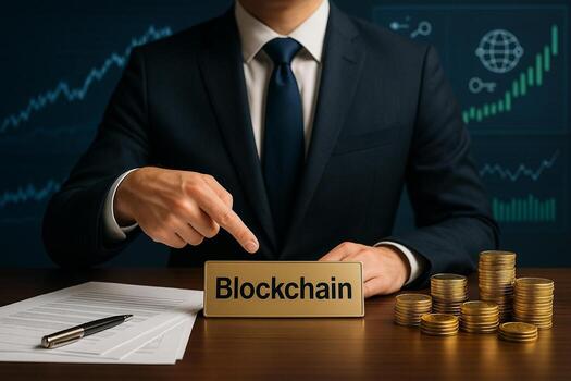 a professional businessman pointing at a blockchain sign on a desk with coins documents and financial graphics in the background suitable for finance and technology themes photo