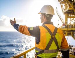A man in an orange vest and hard hat pointing at the ocean photo