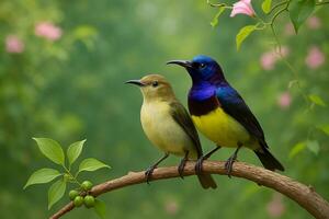 image of a male and female purple sunbird on a branch in lush green forest with soft sunlight and natural background ideal for design space photo