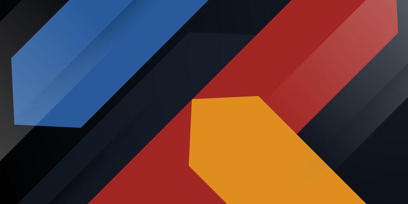 Abstract colorful dynamic blue, red, and yellow shapes on dark background. Simple overlap arrow shapes pattern concept.
