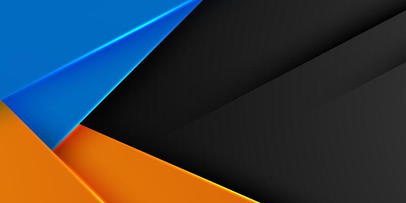 Abstract overlap triangle pattern background. Orange and blue dynamic color pattern on dark background with lights.
