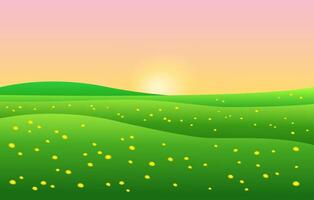 Realistic cartoon green fields, hills and meadows with a clear sunset sky. 3d illustration for backgrounds, games, children sites. Summer sunny landscape with dandelions, bright and colorful. vector