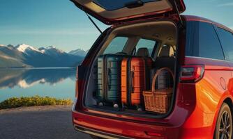 Red minivan with open trunk packed with suitcases and picnic basket by a scenic mountain lake photo