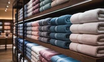 Neatly organized stacks of colorful plush bath towels displayed on wooden shelves photo