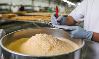 Worker gloved hands writing on clipboard inspecting flour in food production photo