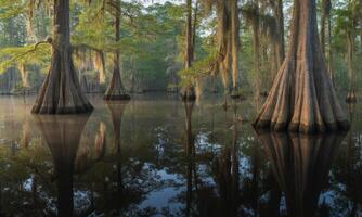 Ancient cypress trees with spanish moss reflected in calm swamp water at sunrise photo
