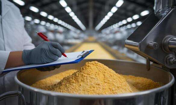 Professional gloved hands writing on clipboard during quality control in a food factory photo