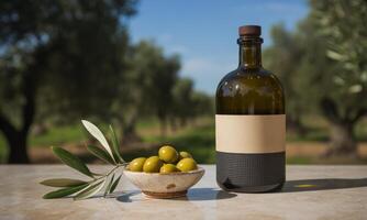 Artisanal dark green olive oil bottle with blank label, fresh olives, and branch in grove photo