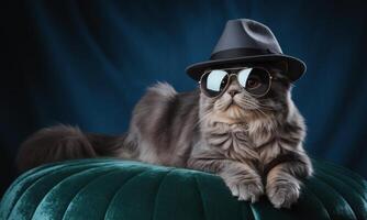 Sophisticated grey cat wearing a stylish fedora hat and aviator sunglasses on a green cushion photo