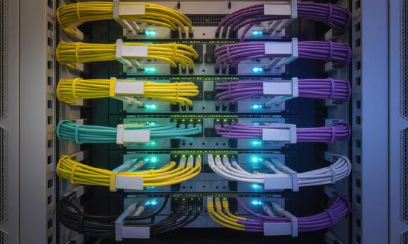 Detailed view of organized network cabling and server equipment in a modern data center photo