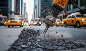 Pneumatic jackhammer breaking asphalt on a busy city street construction site photo