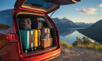 Red car trunk packed with colorful luggage overlooking a serene mountain lake landscape photo