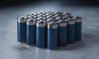 Pile of blue lithium ion batteries for sustainable energy and modern power supply photo
