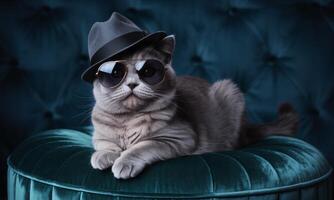 Sophisticated grey cat wearing a stylish fedora hat and cool aviator sunglasses on a velvet stool photo