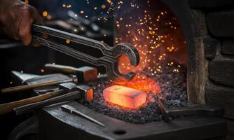 Blacksmith holding red hot metal with tongs in a fiery forge with sparks photo